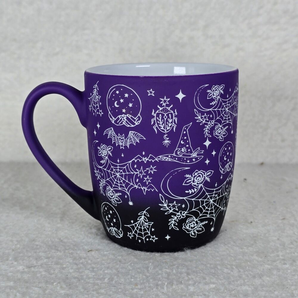 RARE Cobwebs & Cauldrons Purple Black Ombre Witch Spider Bat Mug Coffee Cup